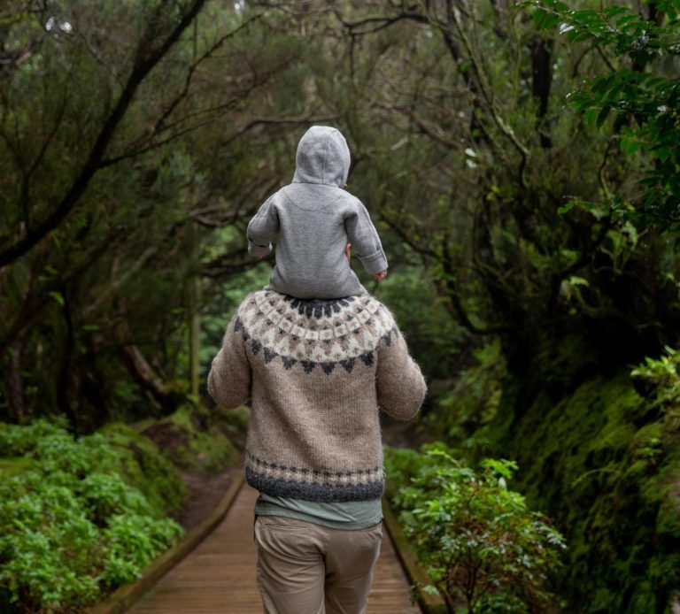 A person carrying a child on their shoulders, walking along a forest path.